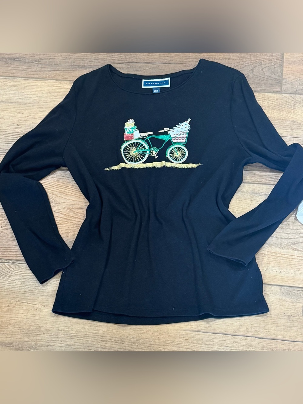 Karen Scott Black Long Sleeve Christmas Tee with Green Bicycle and Rhinestones